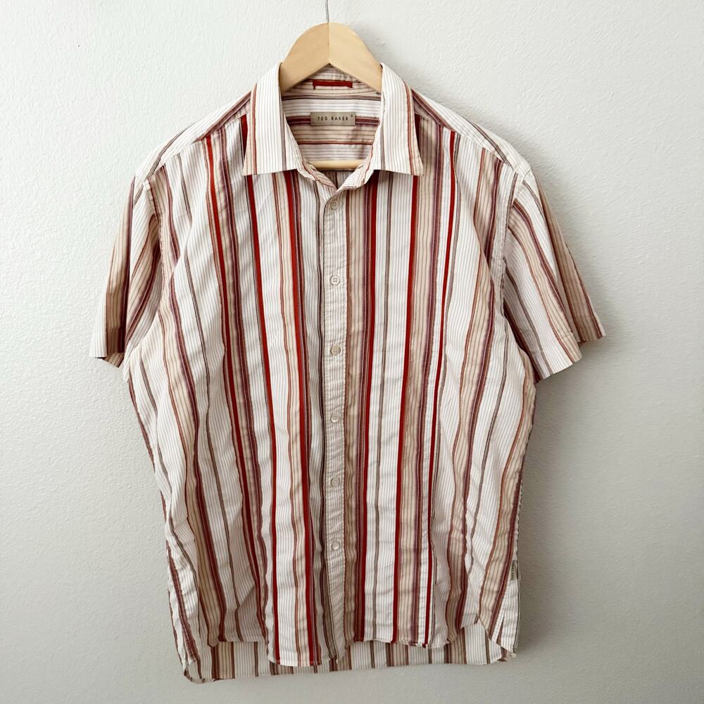 TED BAKER | Men's Button Short Sleeve Shirt Brown Orange Stripe | Size 4, Large